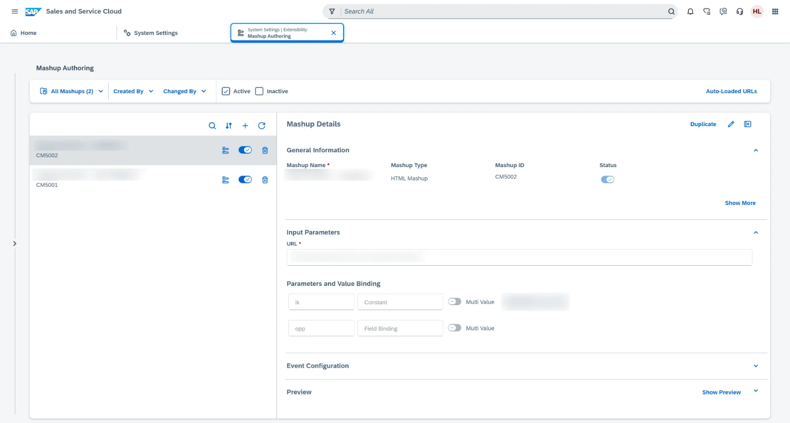 Tela de administração do SAP Sales and Service Cloud (Mashup Authoring) configurando o mashup HTML que embute o painel externo, nomes e URL borrados