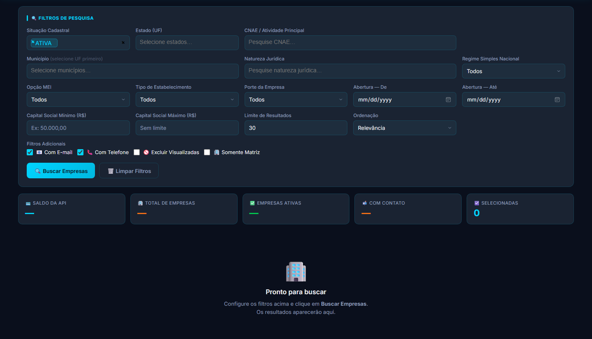 Interface de filtros para pesquisa de empresas.
