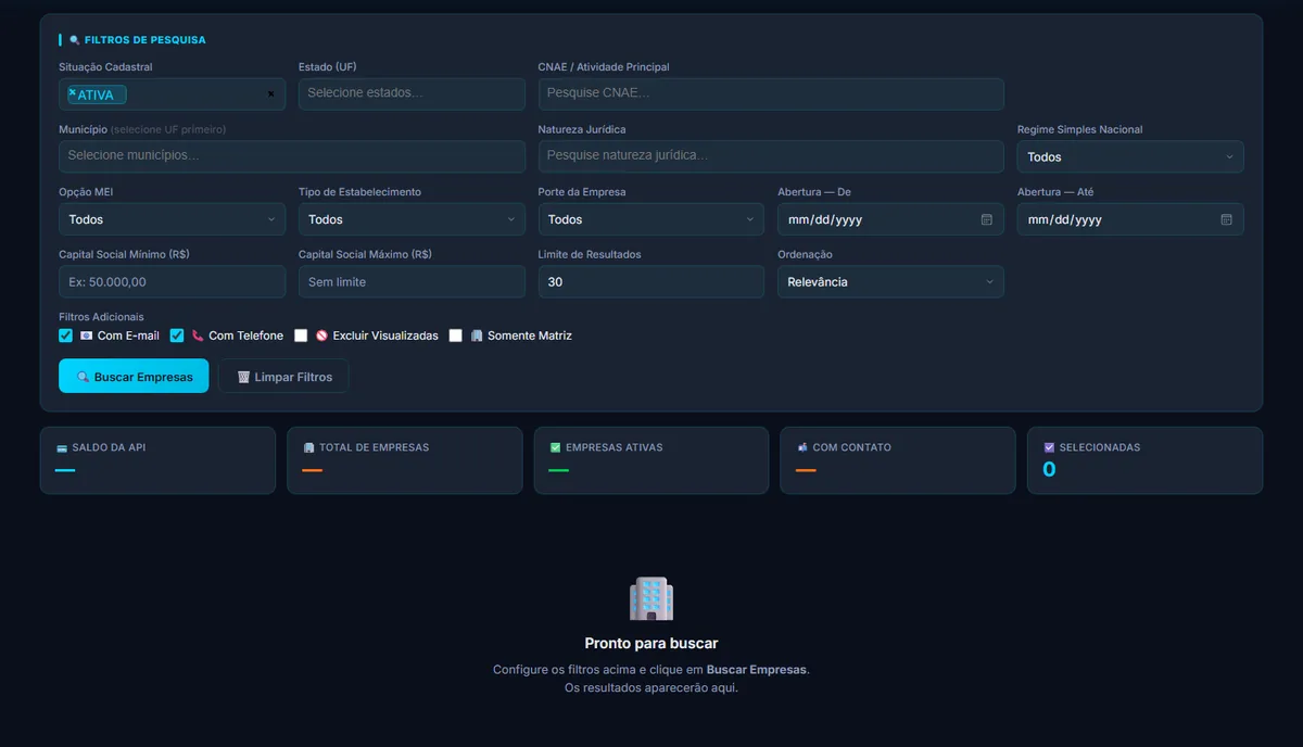 Interface de filtros para pesquisa de empresas