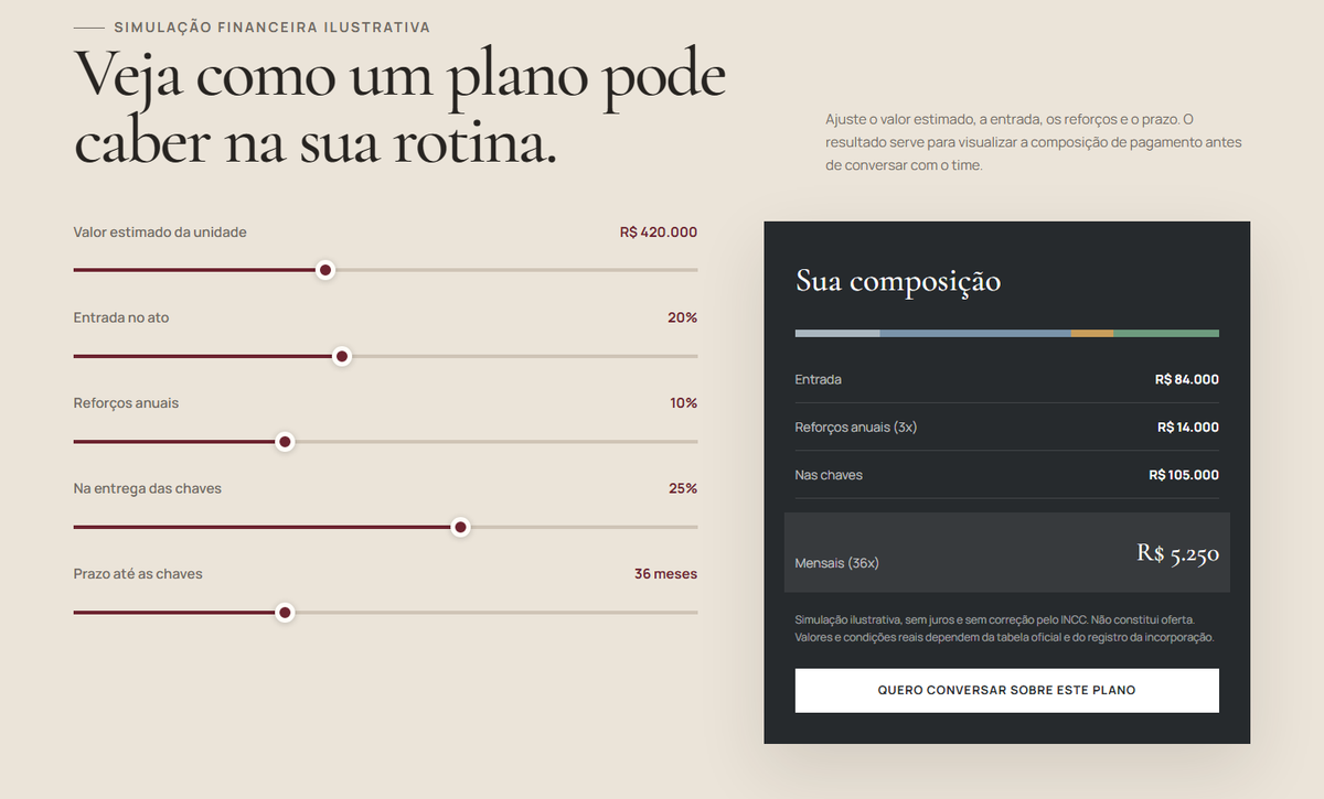 Controles e composição de pagamento do simulador imobiliário.