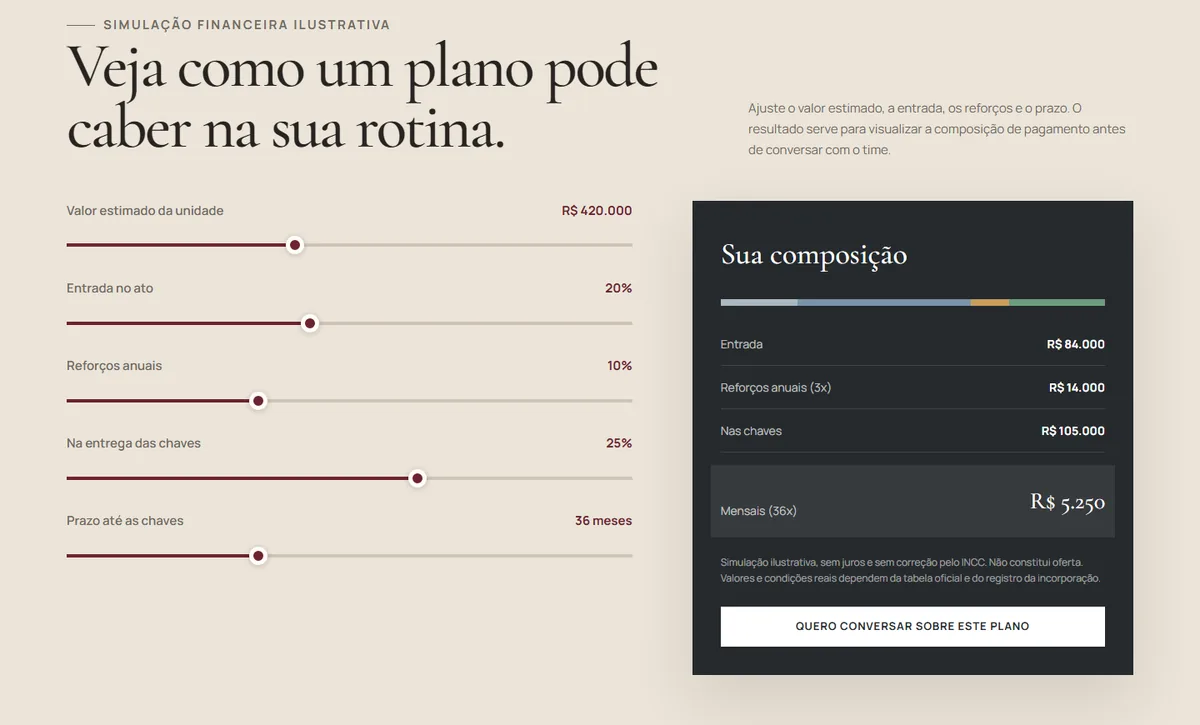 Controles e composição de pagamento do simulador imobiliário
