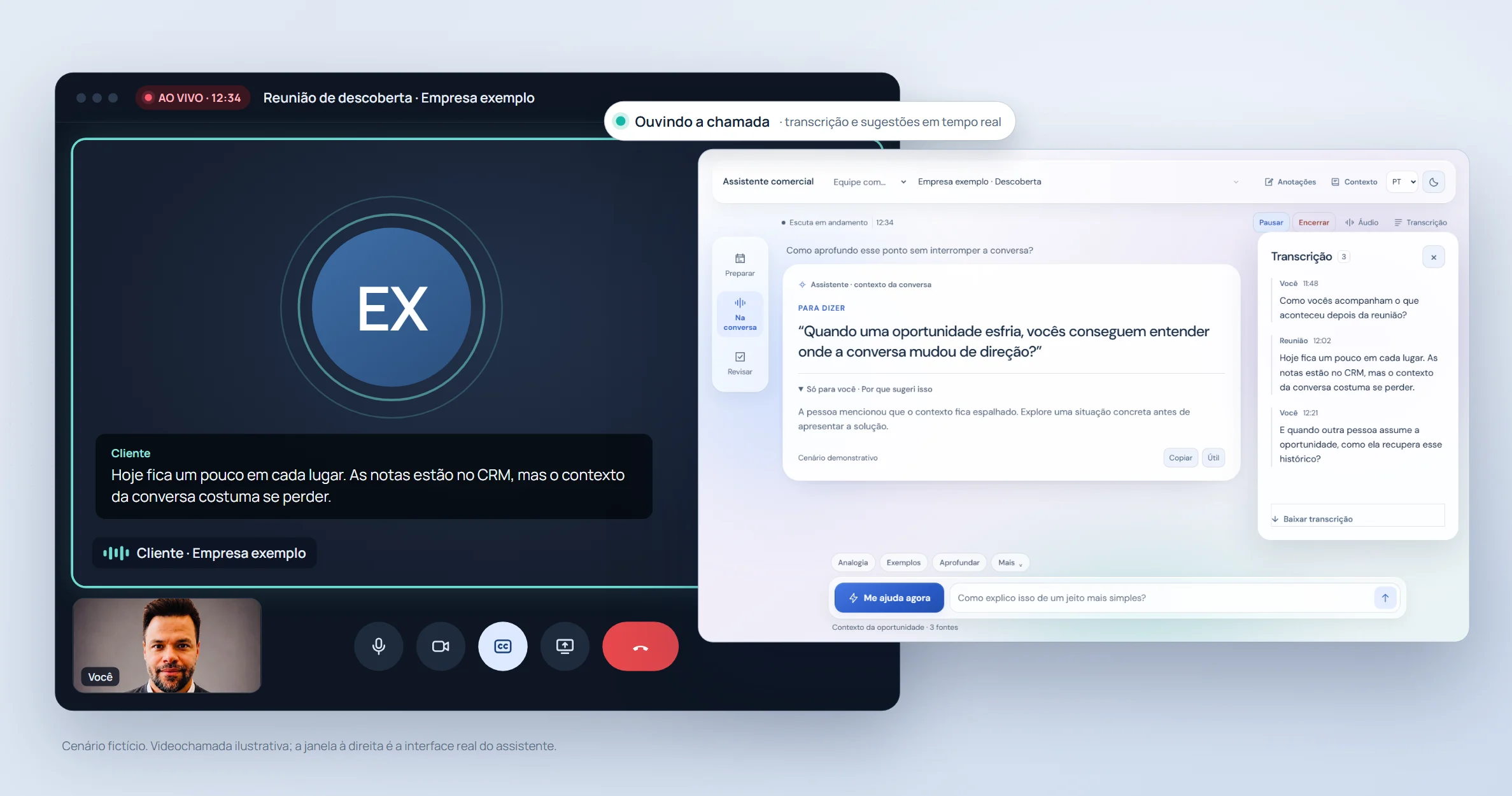 Interface real do assistente de reuniões sugerindo a próxima pergunta, ao lado de uma videochamada ilustrativa