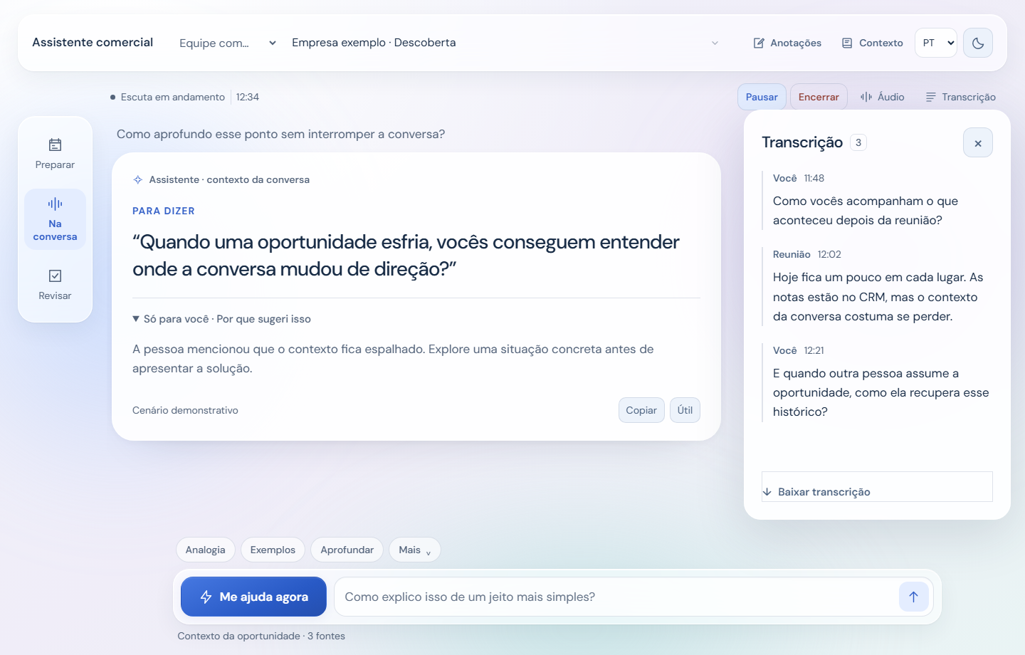 Assistente de reuniões com orientação contextual e transcrição.