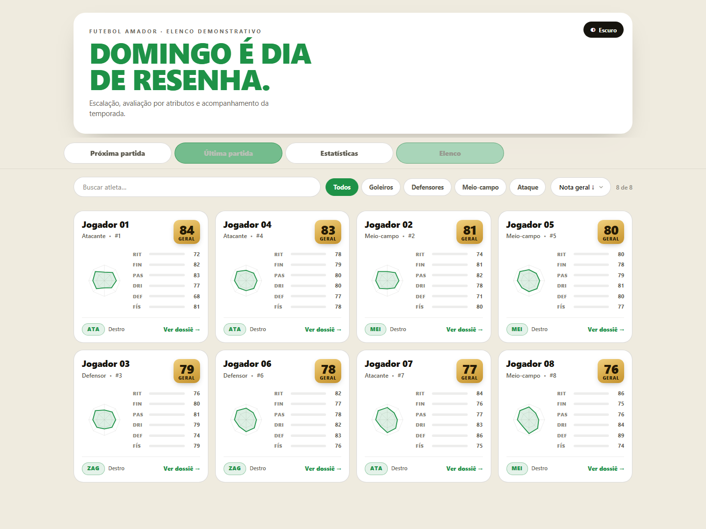 Aplicação de futebol amador com organização de partidas e times.