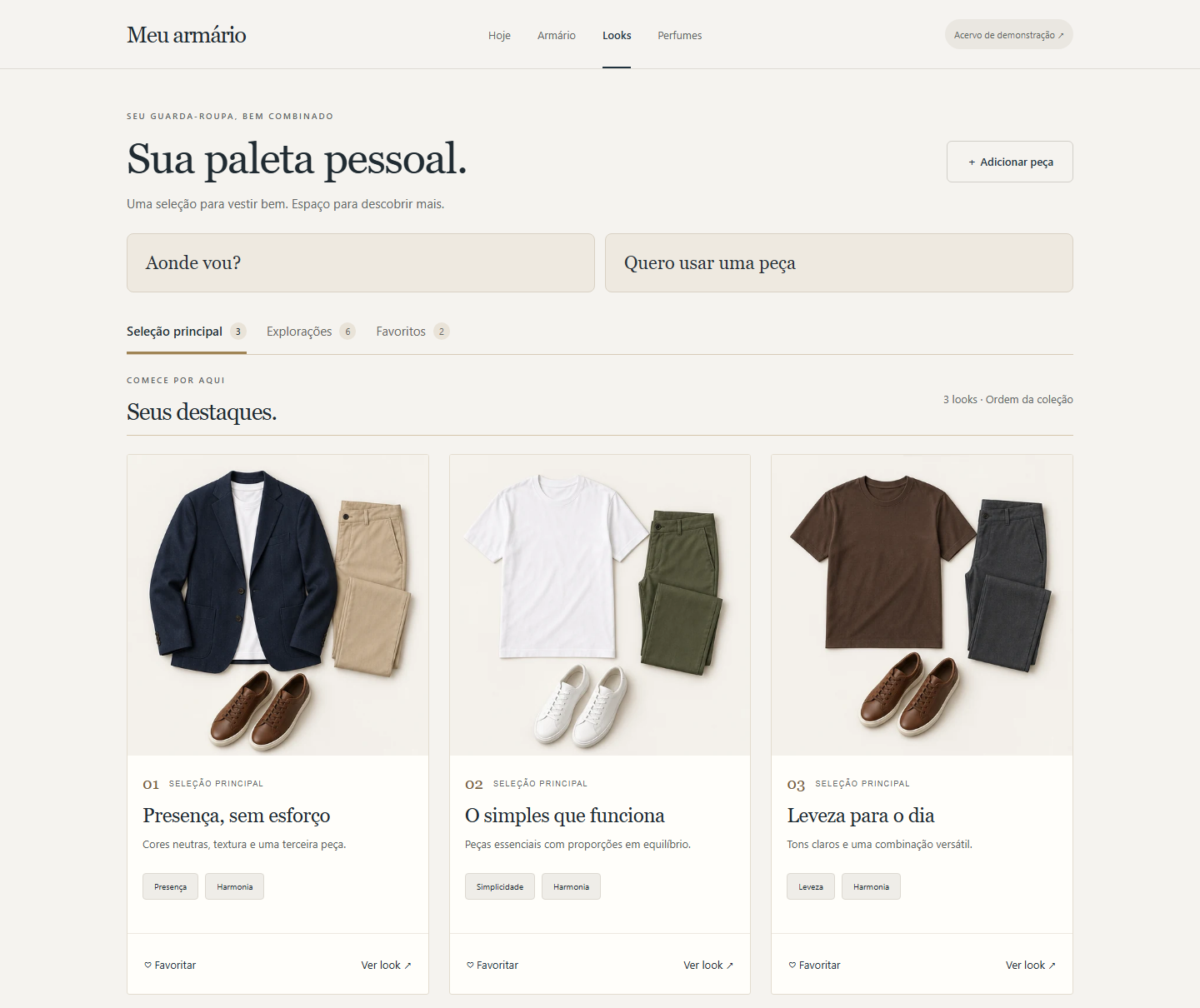 Interface editorial de guarda-roupa com três combinações de peças.