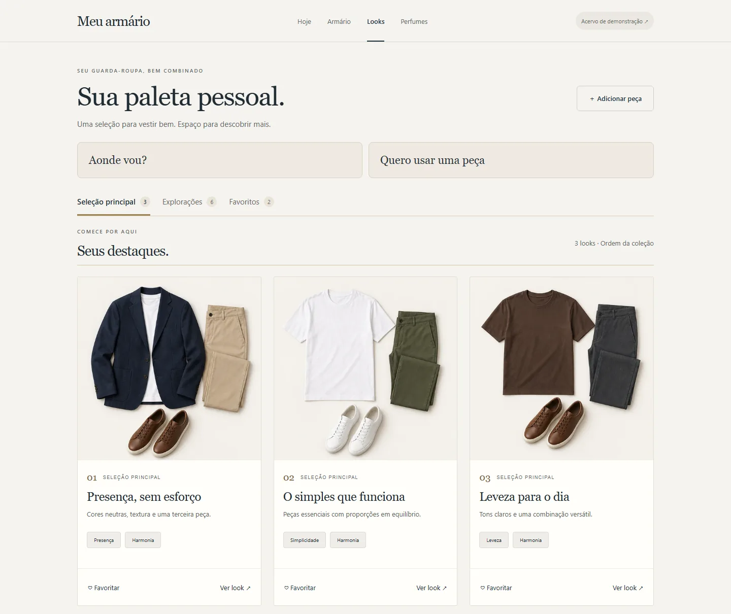 Interface editorial do guarda-roupa digital com três combinações de peças