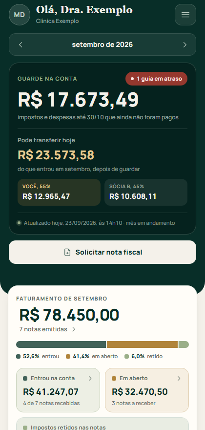 Painel financeiro médico em tela de celular.