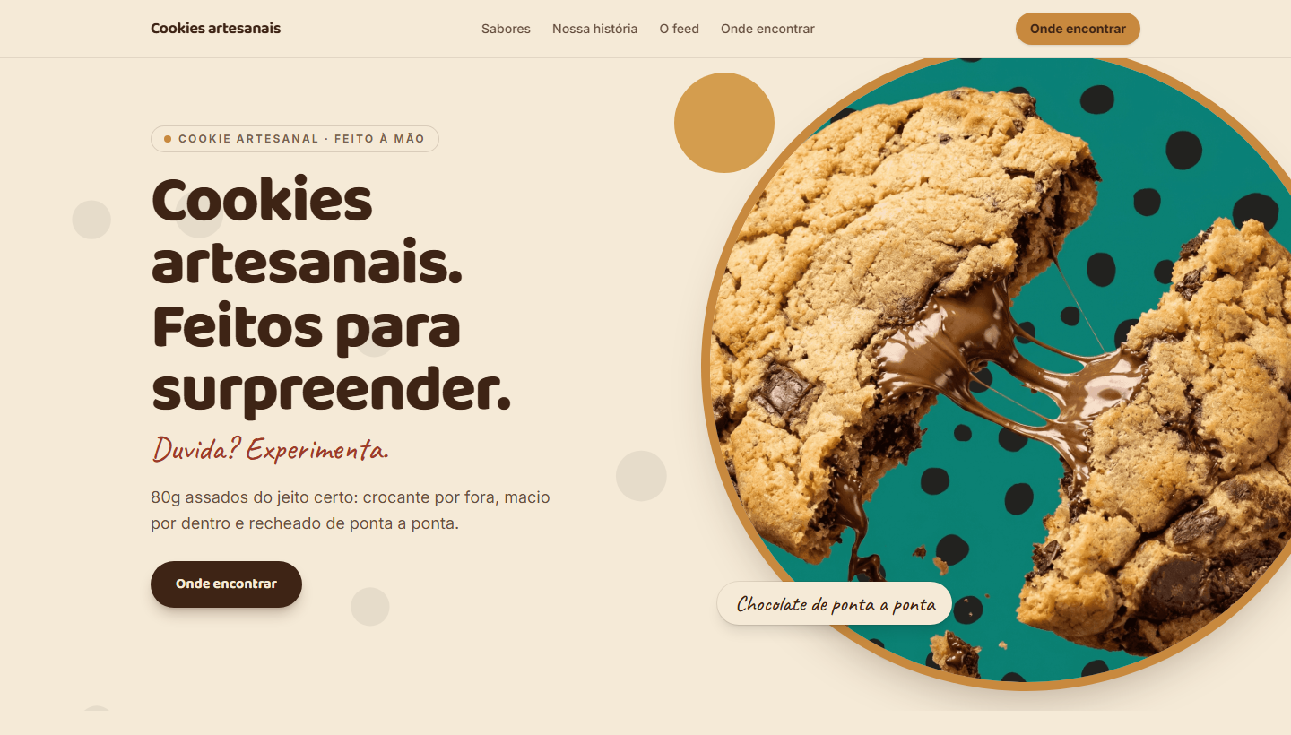 Site da loja de cookies com fotografia de produto e composição em creme e verde.