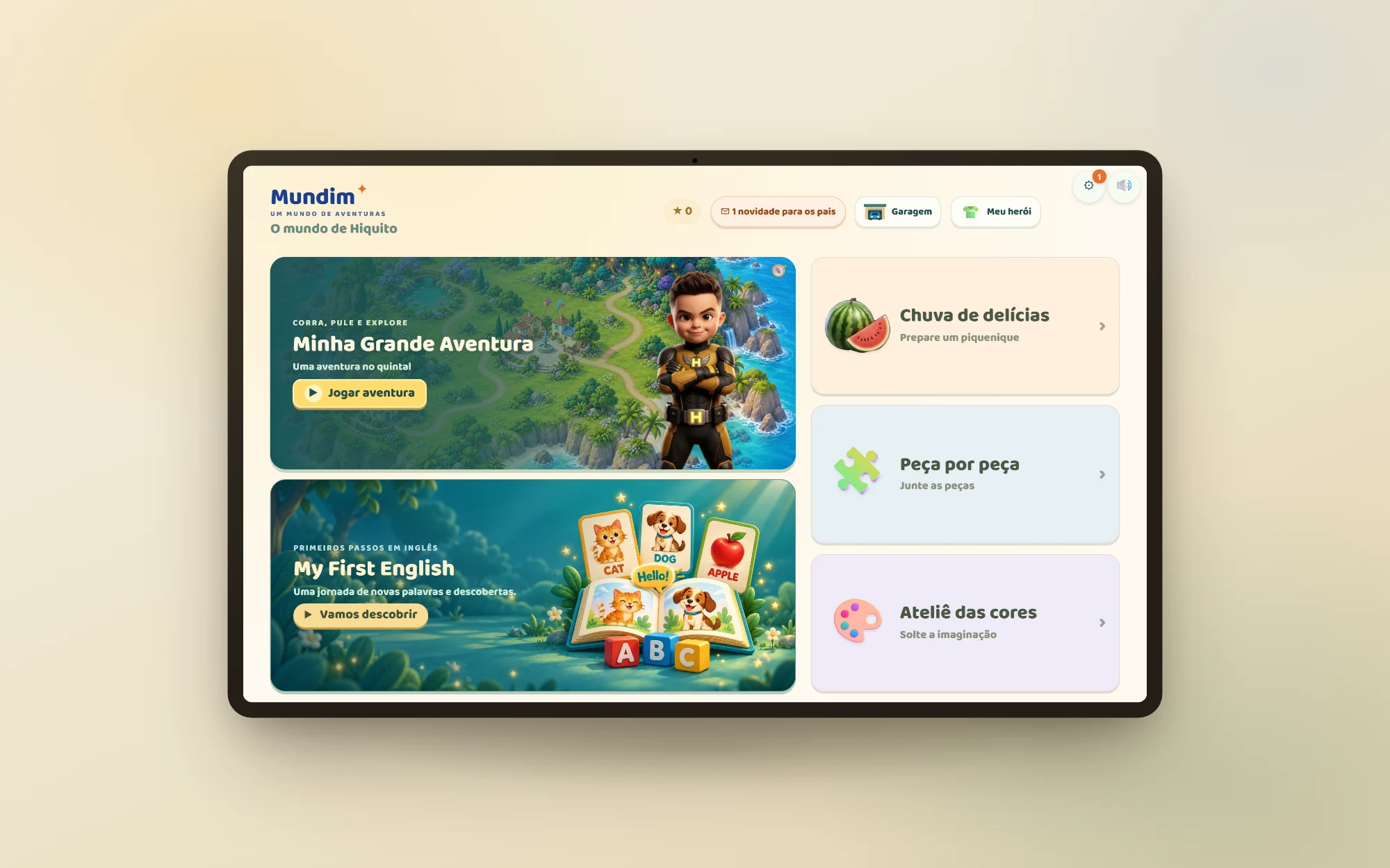 Tela inicial do app infantil real, com todas as aventuras em uma tela