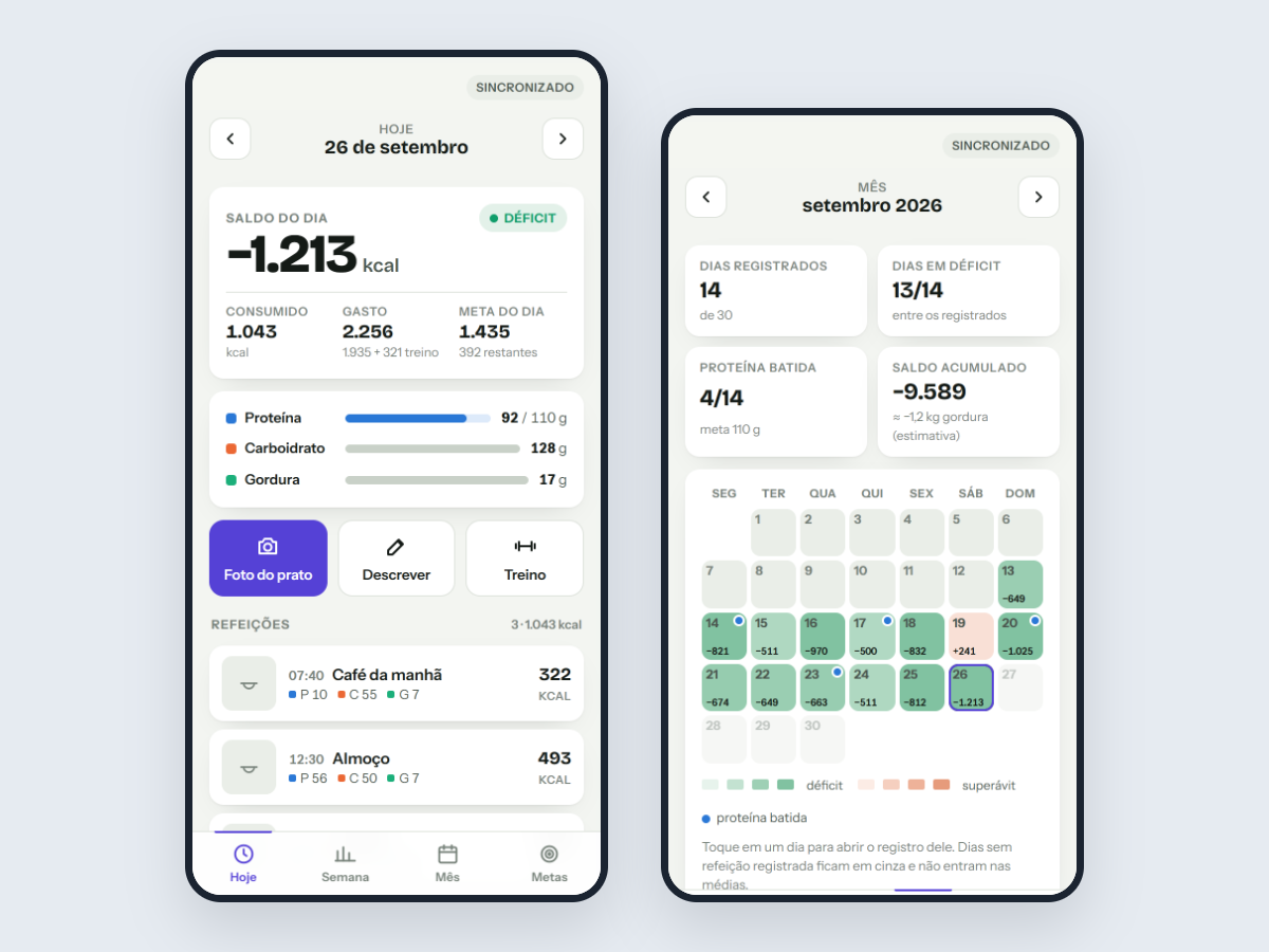Interface atual: saldo do dia com refeições e treino, e calendário do mês com dias em déficit e superávit.
