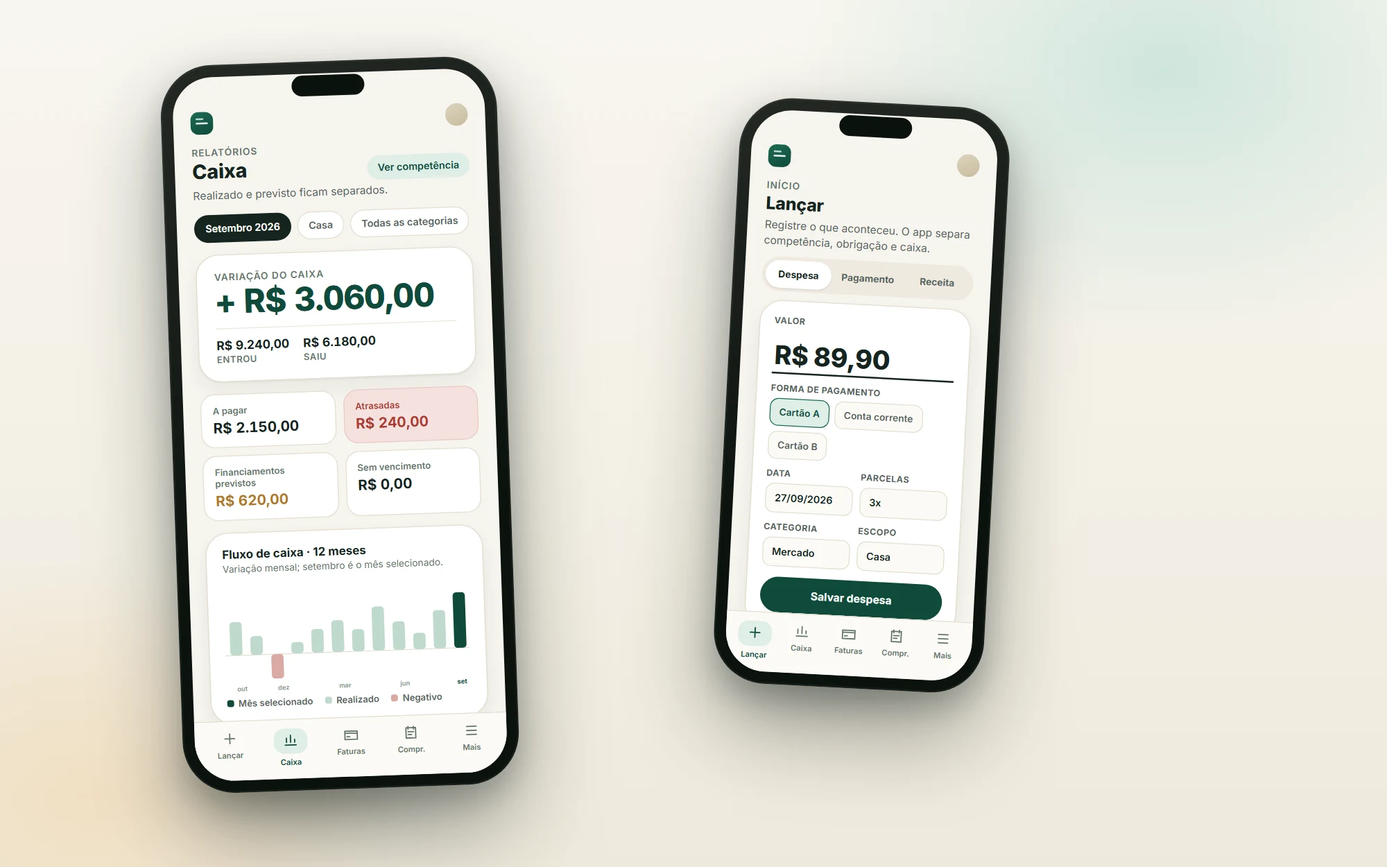 Novo desenho da aplicação financeira, com visão de caixa e lançamento rápido de despesa, dados fictícios