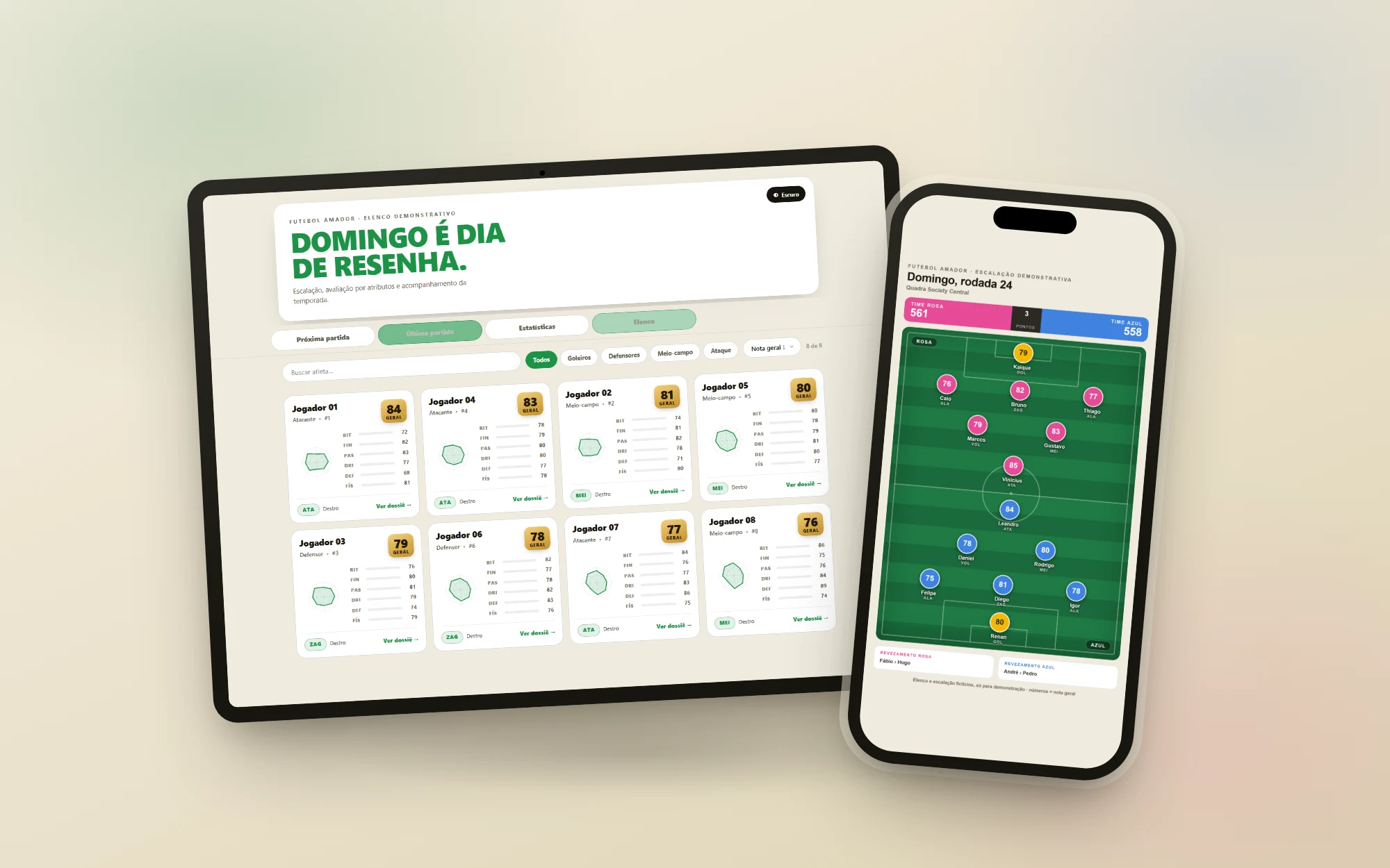 Times equilibrados e escalação real do app de futebol amador, atletas fictícios