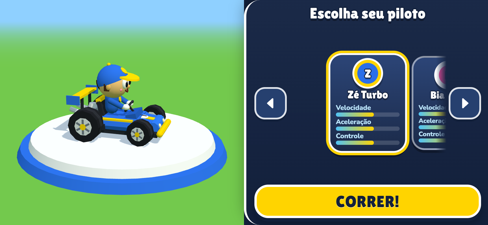 Tela de escolha de piloto com personagem em kart e atributos de velocidade, aceleração e controle.