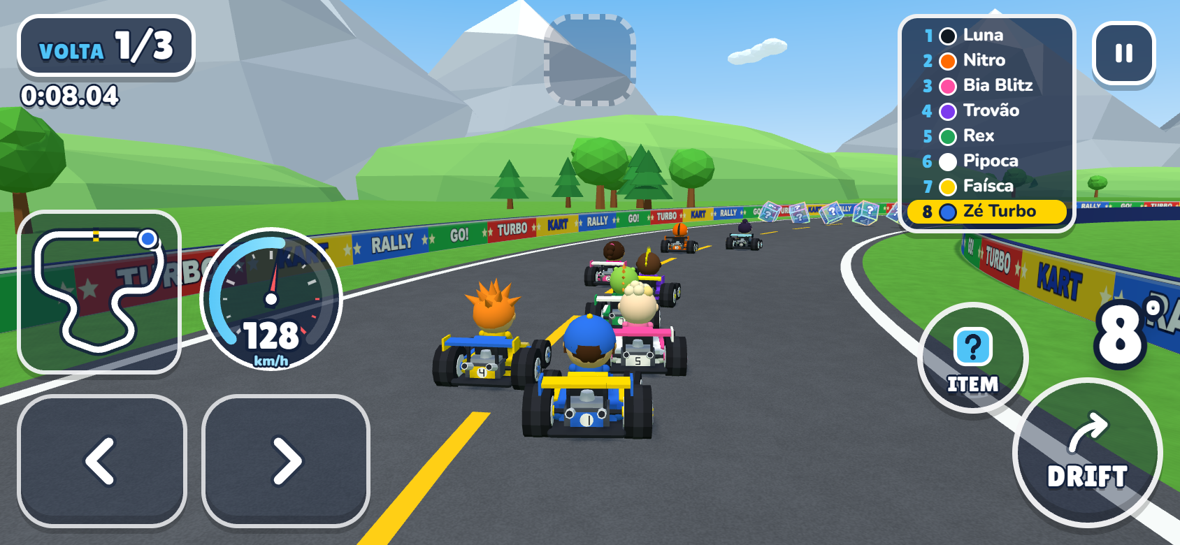 Corrida em andamento com karts na pista, minimapa, velocímetro, controles de toque e classificação.