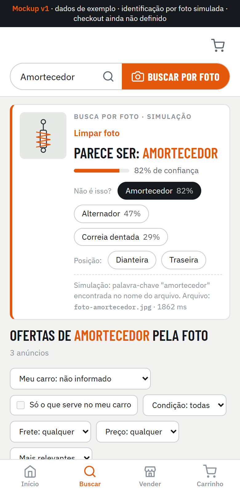 Painel de identificação simulada no celular, com alternativas e posição da peça.