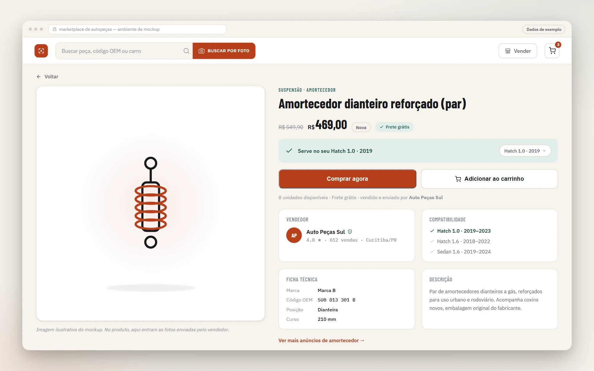 Novo desenho da página do anúncio, com a checagem de compatibilidade com o carro, vendedor e ficha técnica.