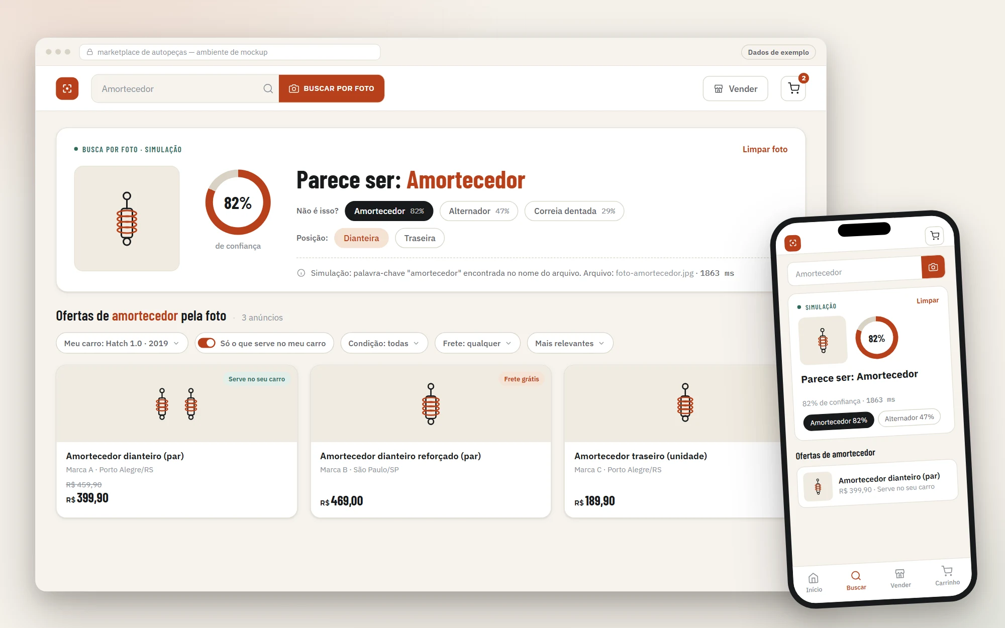 Novo desenho do mockup: busca por foto com anel de confiança, alternativas e ofertas de exemplo, no computador e no celular.