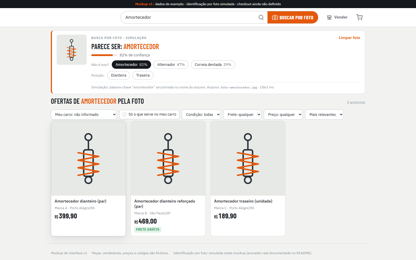 Interface atual do mockup: busca por foto com identificação simulada de um amortecedor e três ofertas de exemplo.