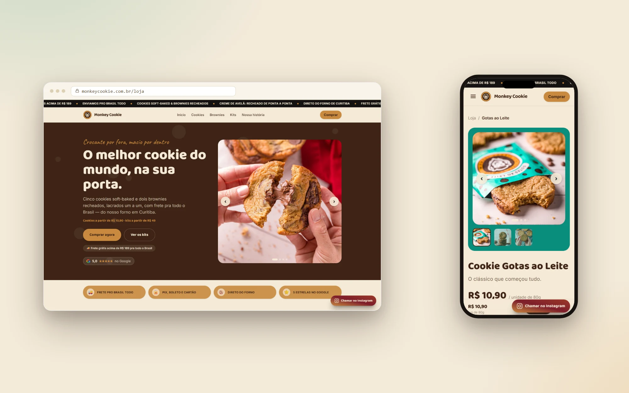 Catálogo real da loja Monkey Cookie e a página de um produto aberta em um iPhone