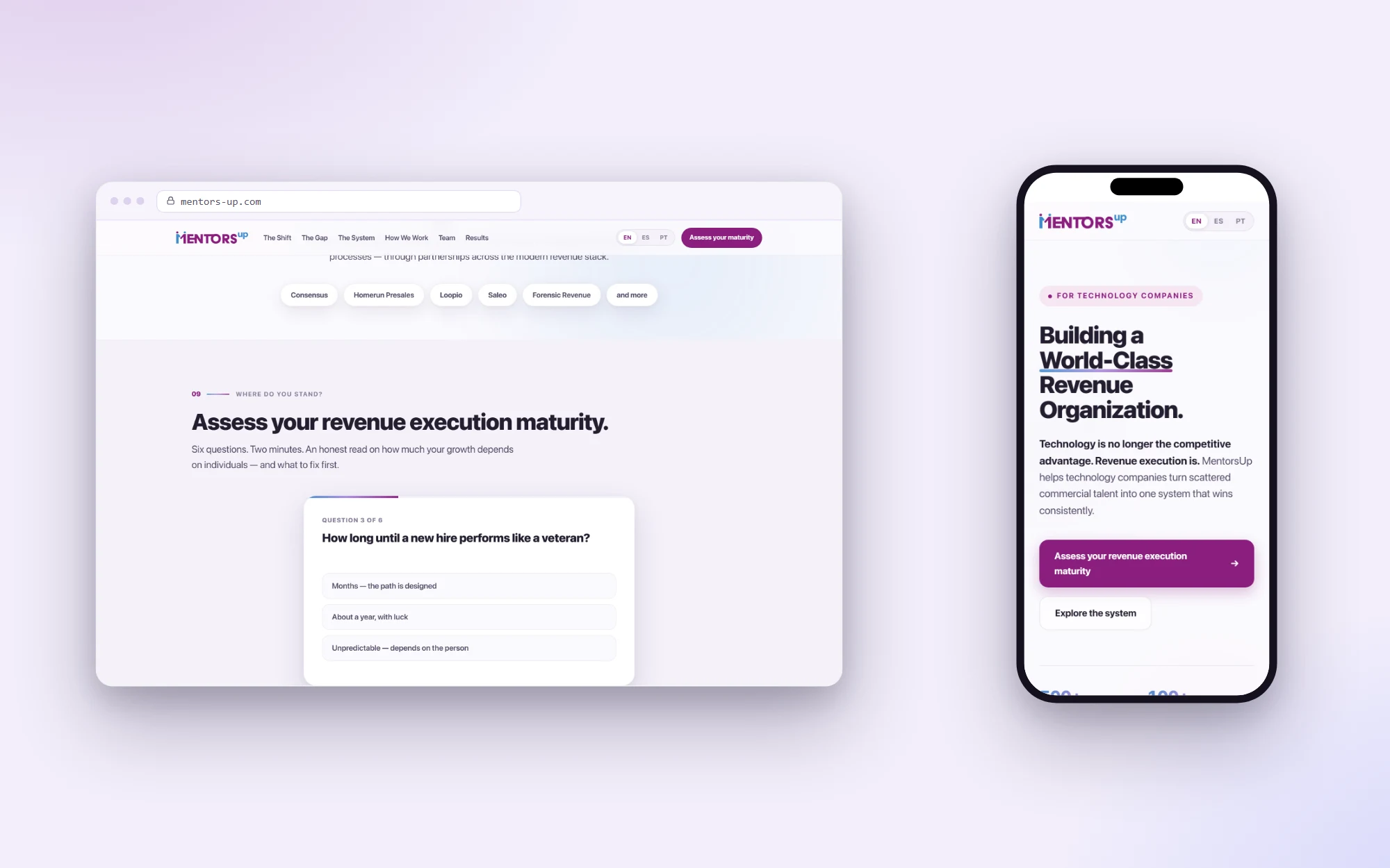 Quiz de diagnóstico real da MentorsUp e o hero do site em um iPhone
