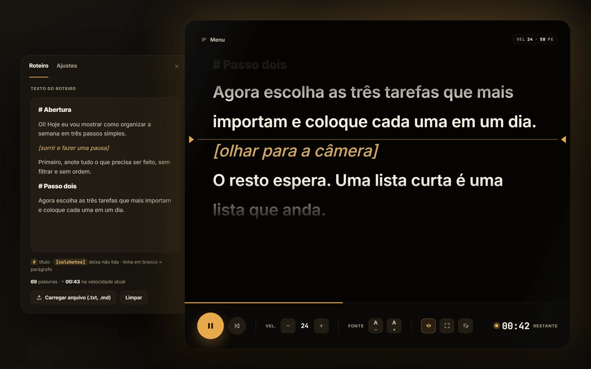 Novo desenho do teleprompter: editor do roteiro com títulos e deixas ao fundo e o texto rolando na linha de leitura, com velocidade, fonte e espelhamento.