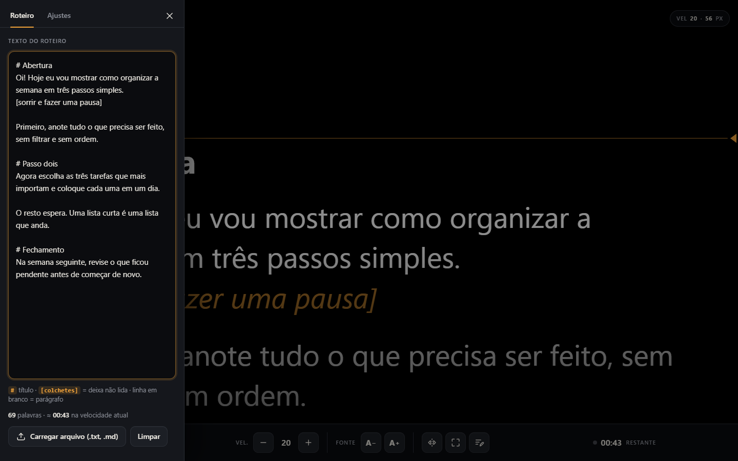 Editor de roteiro com títulos, deixas entre colchetes e estimativa de tempo de leitura.
